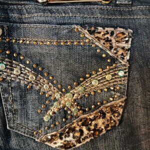LA Idol Embellished Skinny Jean Sz 9 Leopard dark wash Gold Stitch